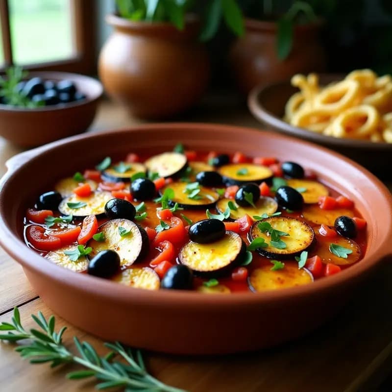 Fuente de barro al horno con briam griego vegano: capas doradas de berenjena, calabacín, patata y pimiento rojo bañadas en salsa de tomate, con aceitunas Kalamata negras dispersas y perejil fresco espolvoreado.