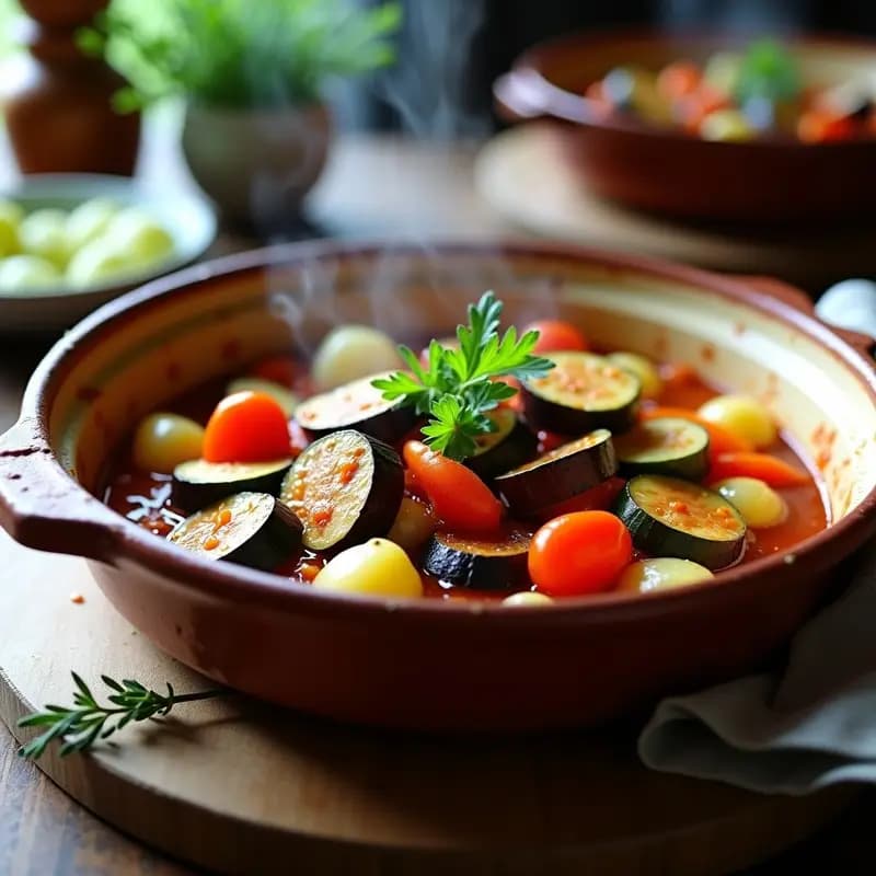 Plato hondo de barro con briam griego de verduras de temporada en rodajas gruesas (berenjena, calabacín, pimiento, patata y tomate), cocinadas en olla express, bañadas en salsa ligera de aceite de oliva y hierbas, con un toque de orégano espolvoreado por encima.