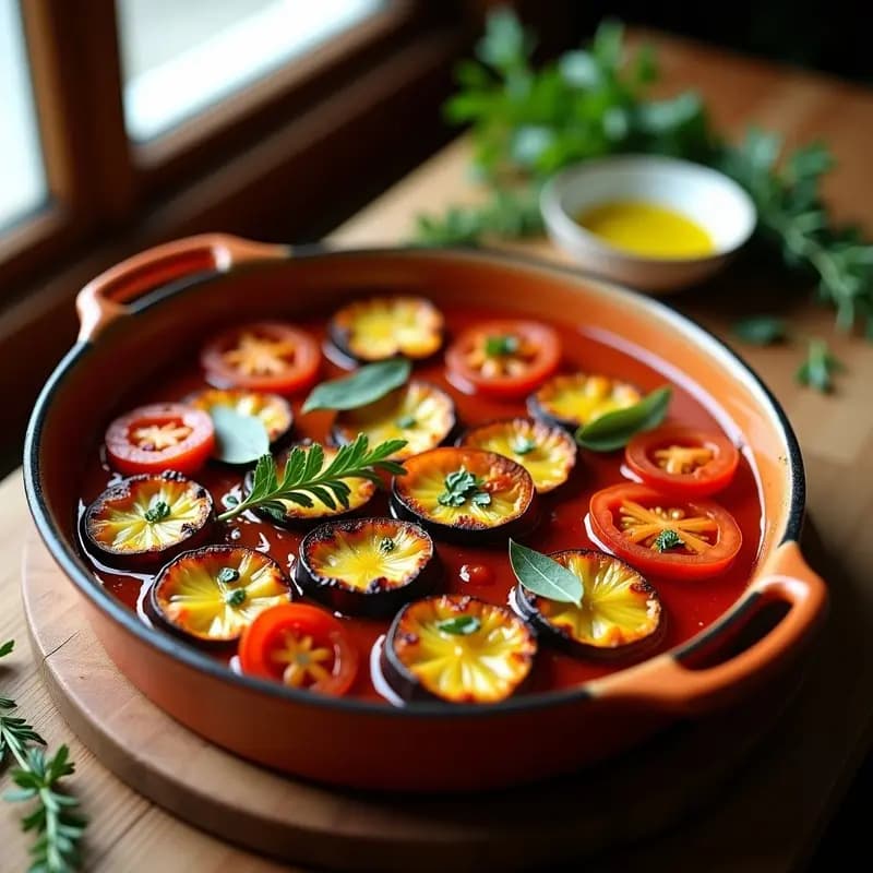 Fuente de barro griega con briami de calabacín y berenjena al horno, capas de verduras doradas bañadas en salsa de tomate espesa y aceite de oliva, decorado con perejil fresco y tomillo, receta tradicional griega.