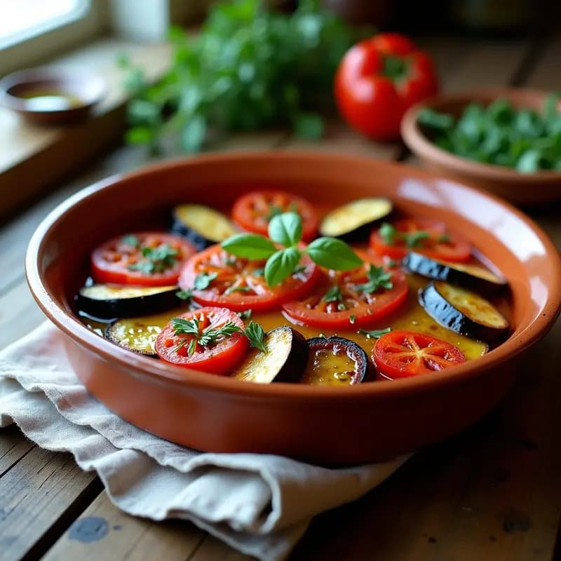Fuente de barro al horno con Briami Griego de Verduras al Horno: capas doradas de berenjena, calabacín, tomate y pimiento, bañadas en aceite de oliva con hierbas aromáticas, servidas sobre un mantel rústico de lino.