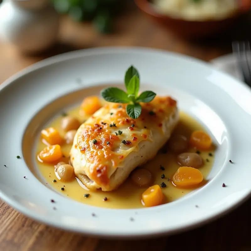 Plato blanco con bricks tunecinos dorados y crujientes, rellenos de pollo especiado con pasas y canela, servidos sobre papel de horno con un toque de canela espolvoreada.