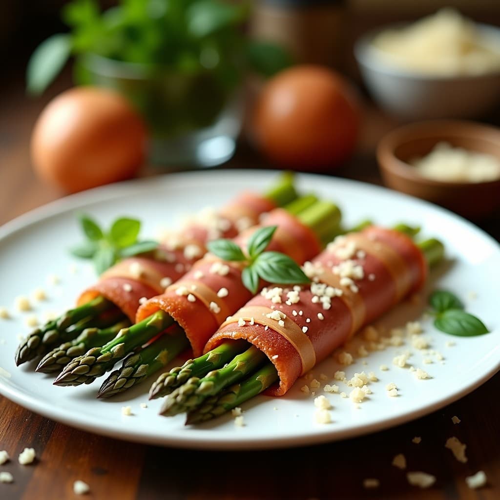 Bridas de espárragos trigueros envueltas en jamón serrano dorado y crujiente, servidas en plato blanco con ralladura de limón y virutas de parmesano. Receta italiana elegante en Airfryer.