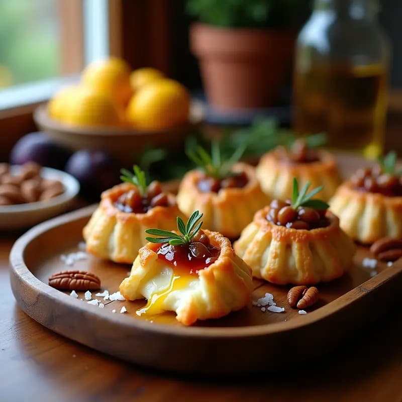 Paquetes dorados de masa filo abiertos mostrando queso Brie fundido, mermelada de higos brillante y nueces pecanas, servidos en bandeja rústica con romero fresco y miel de tomillo.