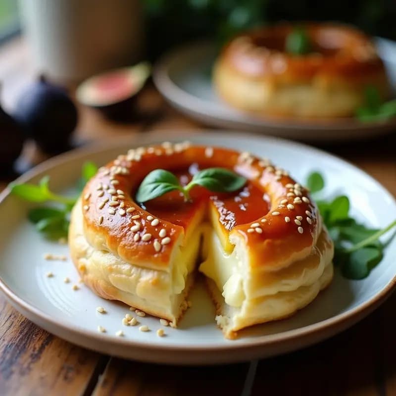 Entrada brasileña gourmet de Brie en Massa Folhada com Gelee de Figos: lámina de hojaldre dorada y crujiente rellena de queso brie cremoso y cubierta con gelee de higos brillante, servida en plato blanco con semillas de sésamo.