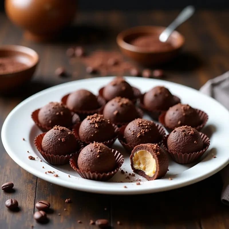 Bandeja de madera con brigadeiros brasileños de chocolate cubiertos de coco rallado y virutas de chocolate negro 85%, dispuestos en cápsulas de papel blanco, con un fondo borroso que resalta su textura cremosa y brillante.