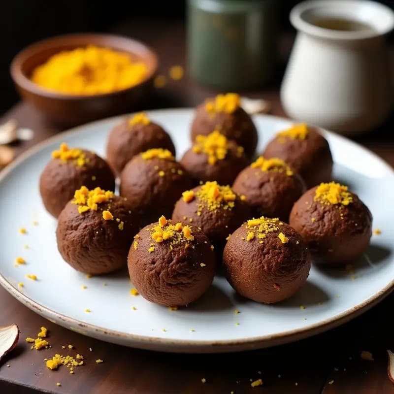 Bandeja de brigadeiros brasileños de chocolate y cúrcuma, bañados en coco rallado y almendras molidas, con un tono dorado característico de la cúrcuma. Postre sin lactosa y antioxidante.