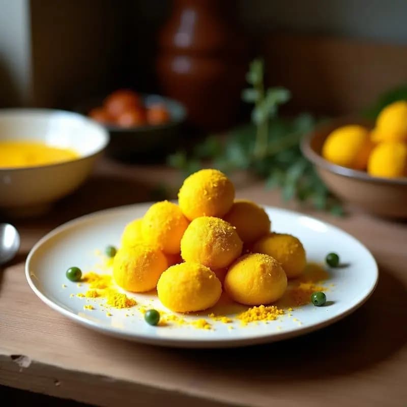 Brigadeiros de cúrcuma y coco sin azúcar, bolitas doradas cubiertas de coco rallado, presentadas en papelillos de colores sobre una bandeja de madera rústica con hojas de menta y una pizca de cúrcuma en polvo espolvoreada.