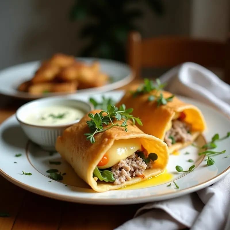 Brik de atún y huevo dorado y crujiente sobre hojas de brick, servido en plato blanco con hierbas frescas y limón en rodajas, receta tunecina rápida.
