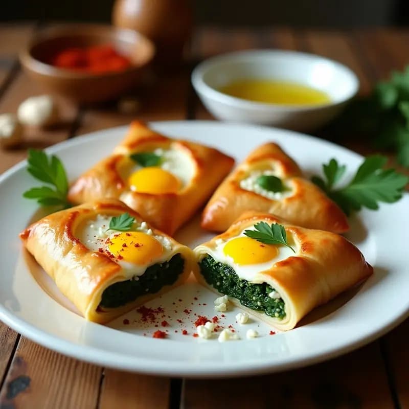 Brik al Egg con Espinacas y Queso Feta servido en plato blanco: masa filo dorada y crujiente rellena de espinacas verdes, huevo con yema líquida y trozos de queso feta blanco. Decorado con perejil fresco y acompañada de yogur con menta.