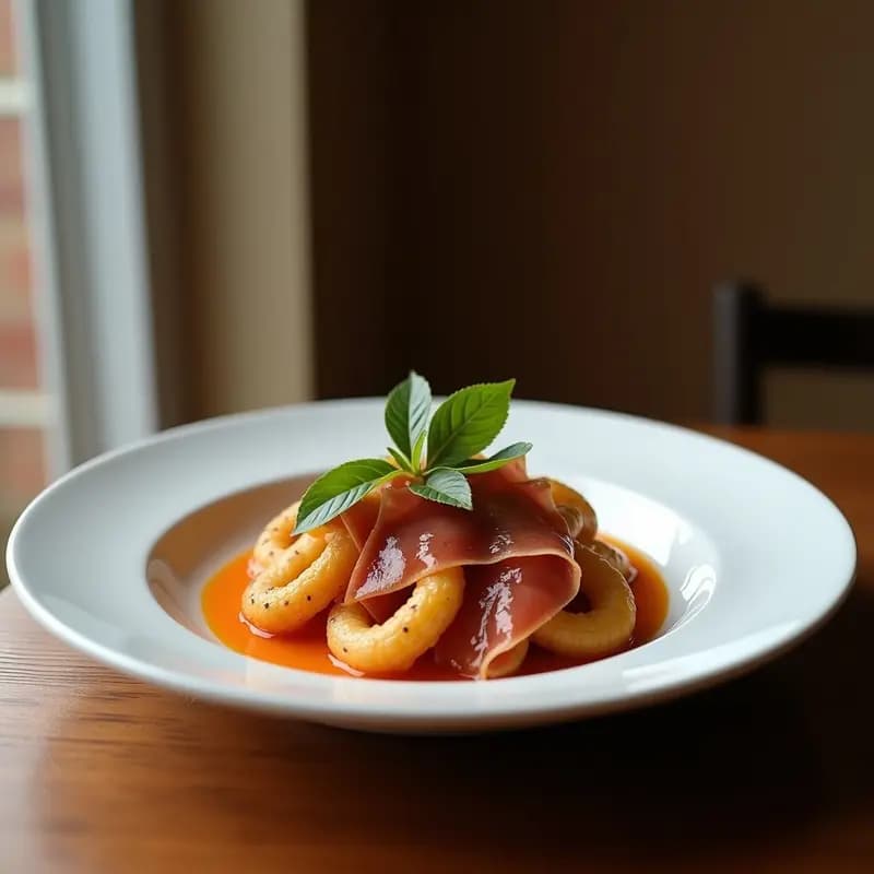 Brik de espárragos y jamón serrano dorados y crujientes sobre bandeja de horno, con relleno visible de espárragos trigueros, jamón serrano y queso de cabra, servidos en plato blanco con decoración de romero fresco.