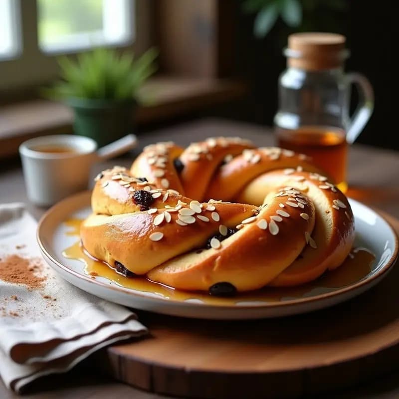 Brioche dorado y esponjoso con vetas de canela y pasas, bañado en glaseado brillante de miel de romero, decorado con almendras fileteadas sobre una bandeja de madera rústica. Receta de brioche de canela y pasas con glaseado de miel en Thermomix.