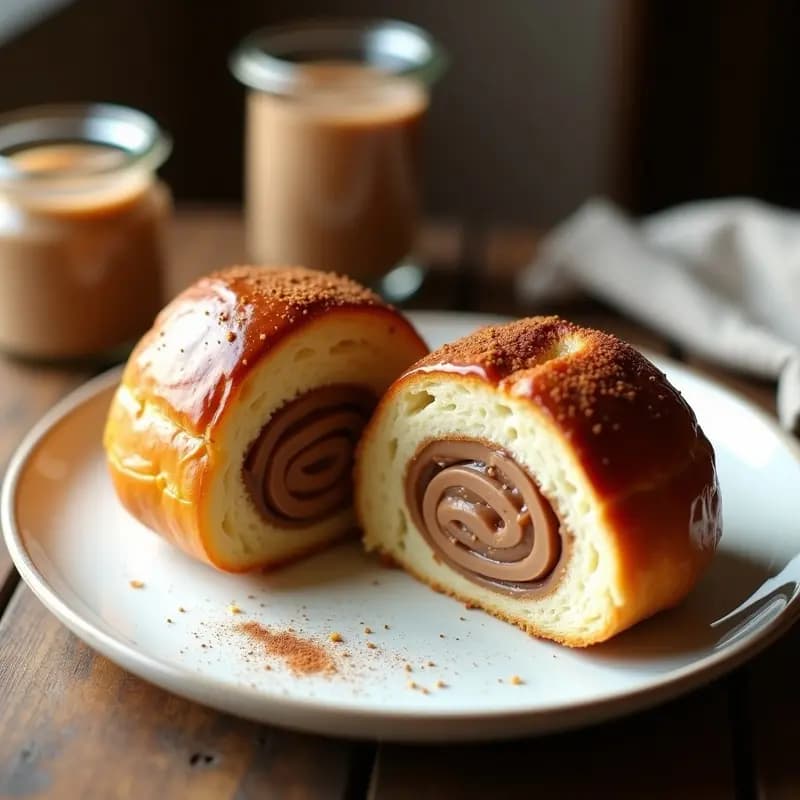 Brioche francés dorado y esponjoso cortado por la mitad, relleno de crema de avellanas cremosa y espolvoreado con canela, servido en plato blanco sobre fondo rústico de madera. Receta sin lactosa en airfryer.