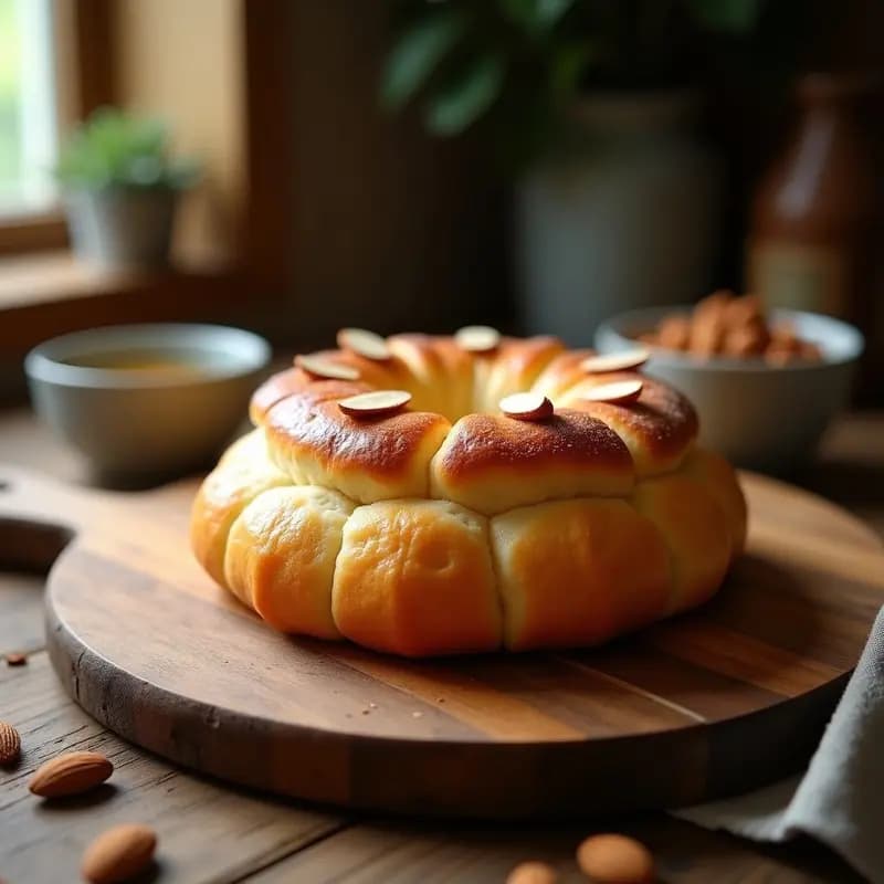 Brioche francés dorado de espelta sin lactosa, esponjoso y con almendras fileteadas en la superficie, servido en una tabla de madera con fondo rústico.