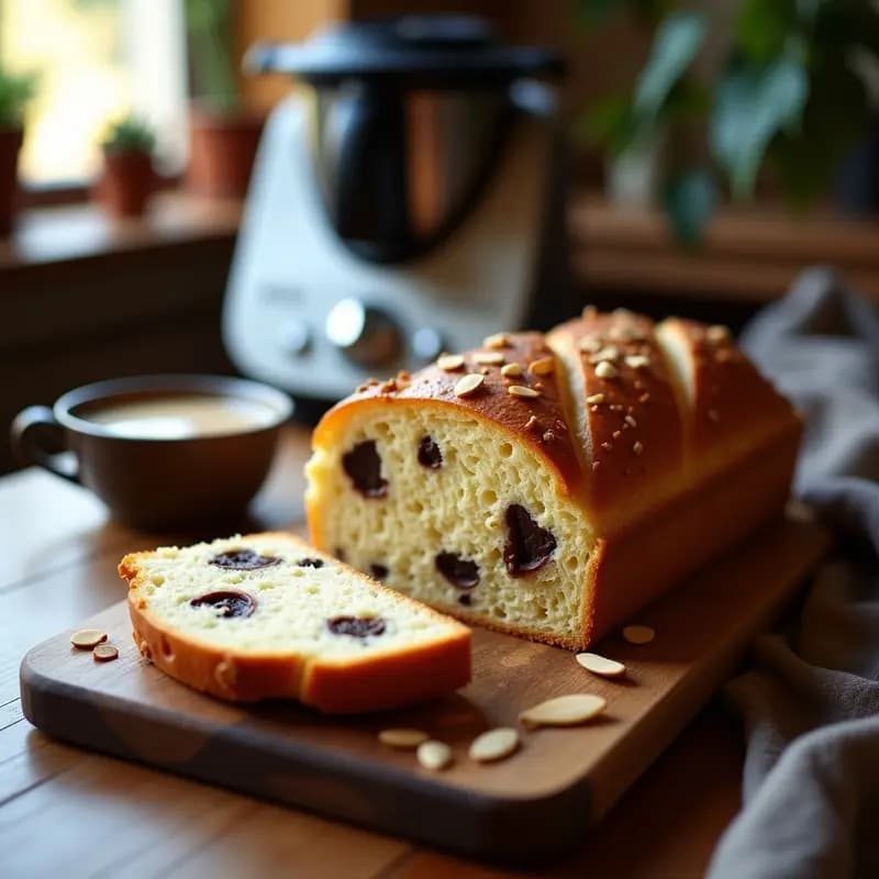 Brioche francés dorado y esponjoso con trozos de chocolate negro y semillas de cardamomo, servido en una bandeja de madera rústica con fondo de taza de café humeante.