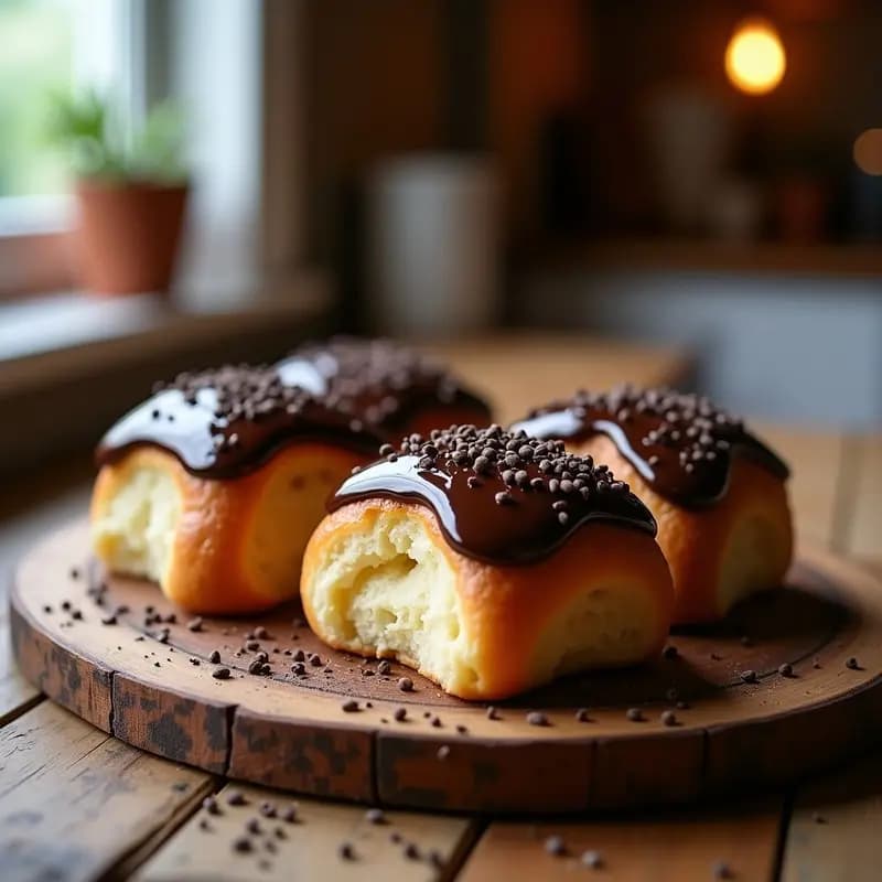 Brioche francés dorado y esponjoso con cobertura brillante de chocolate negro 85% sin azúcar, decorado con semillas de chía, sobre una tabla de madera rústica con fondo borroso.