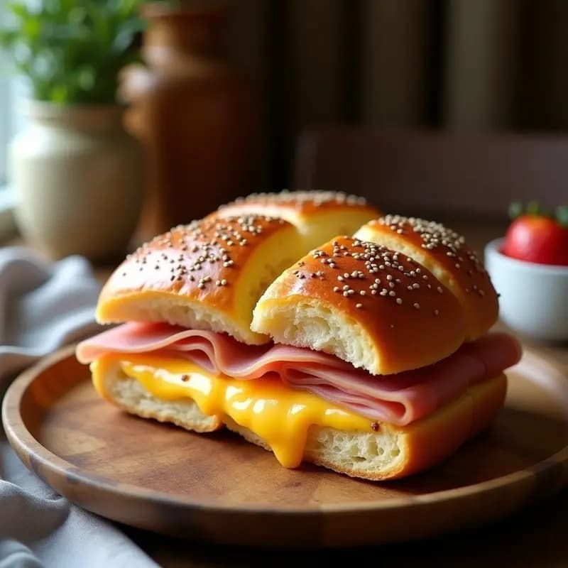 Brioche francés dorado y esponjoso relleno de jamón de París y queso Gruyère fundido, con semillas de amapola en la superficie, servido en bandeja rústica de madera con fondo desenfocado.