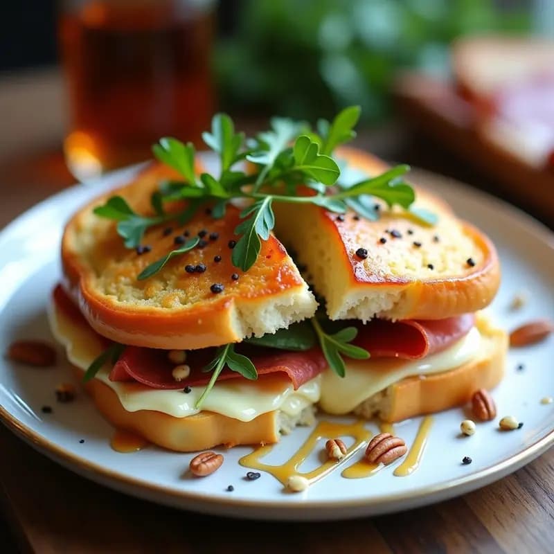 Brioche francés dorado abierto por la mitad, relleno de jamón de Parma en láminas finas y queso Brie fundido, con rúcula fresca, nueces pecanas tostadas, miel de trufa negra y semillas de amapola. Plato de desayuno gourmet elegante y apetitoso.
