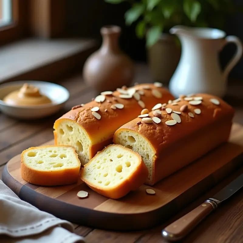 Brioche dorado y esponjoso sin gluten en molde redondo, con semillas de sésamo tostadas en la superficie, cortado en porciones para mostrar su interior húmedo. Acompañado de mantequilla de almendras y rodajas de plátano.