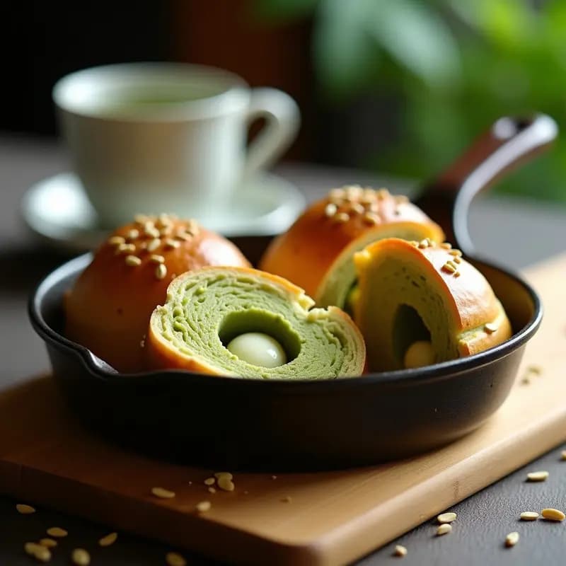 Brioche de matcha y chocolate blanco recién horneado, con corte transversal mostrando su interior esponjoso y relleno cremoso de chocolate blanco, espolvoreado con semillas de sésamo tostadas sobre fondo rústico de madera.