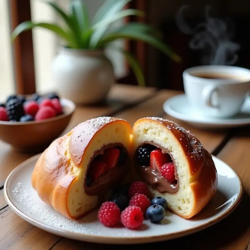 Brioche francés dorado y esponjoso relleno de Nutella cremosa y frutos rojos frescos, cortado por la mitad para mostrar su interior jugoso. Desayuno decadente sobre una mesa de madera rústica con taza de café al fondo.
