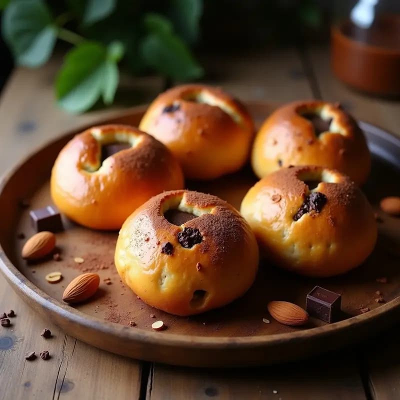 Brioche francés dorado en forma de bollos individuales, con trozos de chocolate negro asomando y almendras fileteadas en la superficie, espolvoreado con azúcar moreno y servido en una bandeja de madera rústica. Receta de brioche pan de muerto con chocolate.