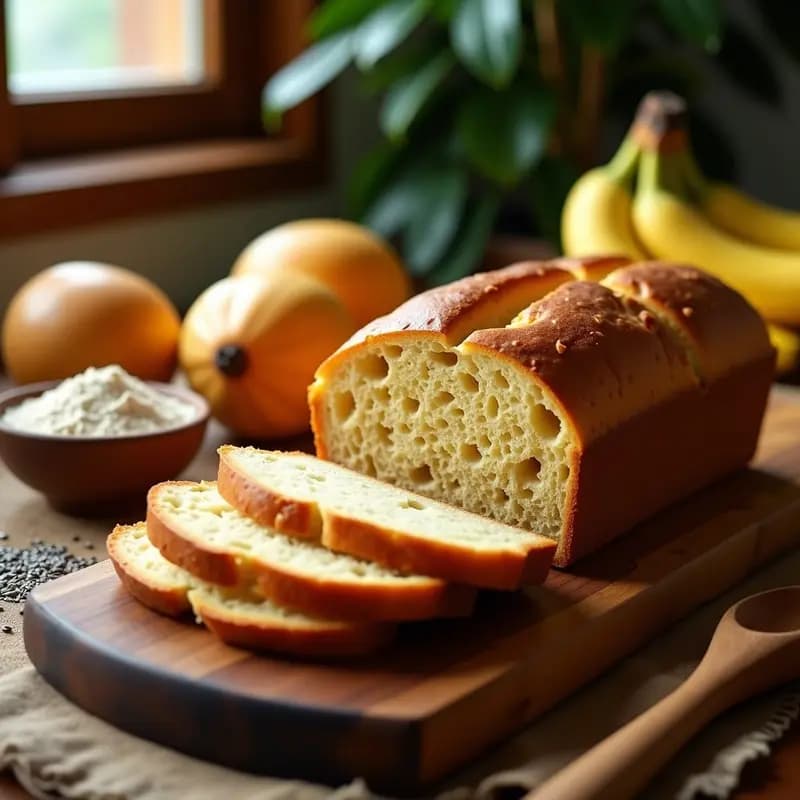 Brioche de plátano macho dorado y esponjoso, cortado en rebanadas, con textura húmeda y crujiente en la parte superior. Receta colombiana sin harina ni azúcar.