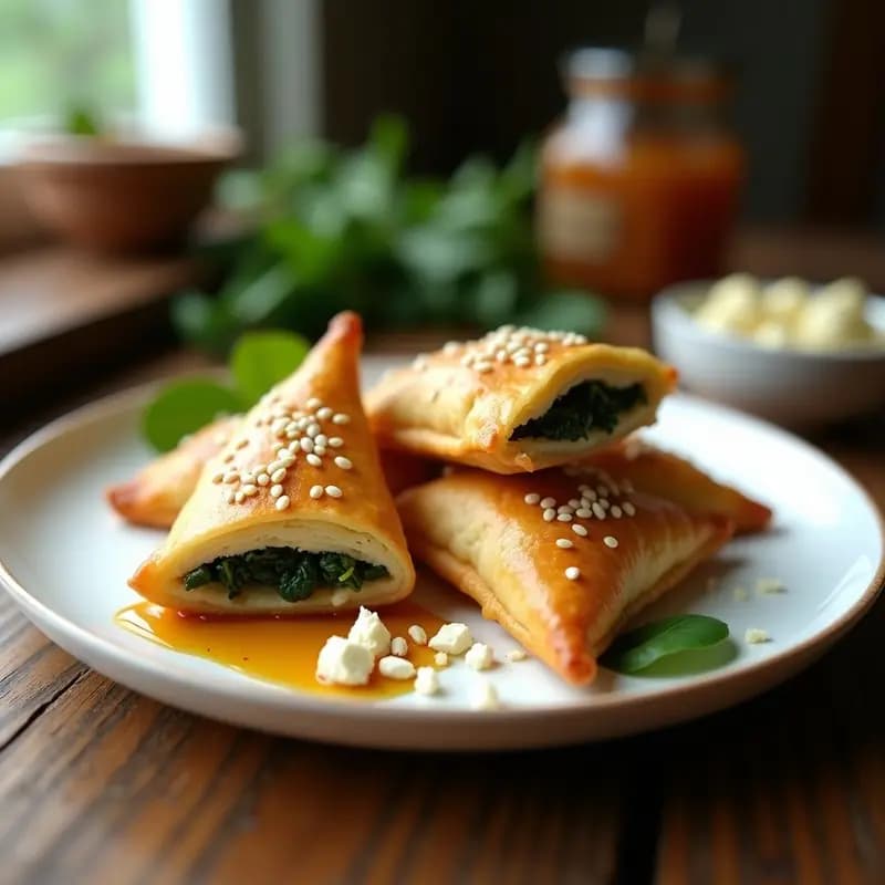 Briouats de espinacas y queso feta con miel: empanadillas marroquíes doradas y crujientes en forma de triángulo, con relleno verde cremoso asomando por los bordes. Servidas en plato blanco con hilo de miel y semillas de sésamo, sobre fondo rústico de madera.