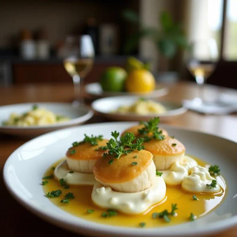 Postre francés Brisas de Limón con Merengue Suizo: tartaletas individuales con base dorada de harina de arroz y almendra, rellenas de crema de limón amarilla brillante y coronadas con merengue suizo tostado en forma de picos, sobre un plato blanco con fondo borroso.