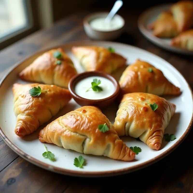 Plato de porcelana blanca con briyats de espinacas y queso feta dorados, empanadillas triangulares crujientes con capas de masa filo visible, acompañados de hojas de cilantro fresco y una salsa cremosa al lado. Receta tradicional judía marroquí.