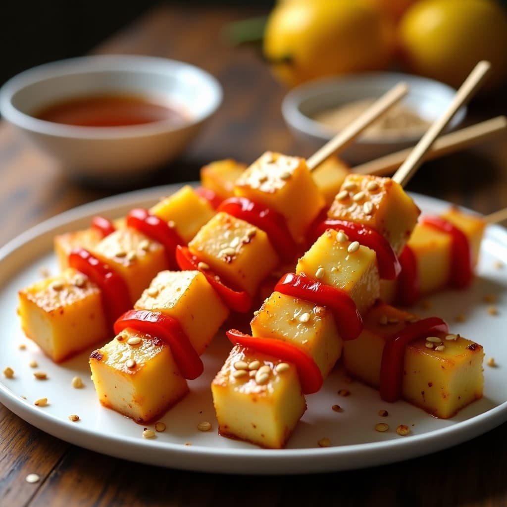 Brochetas doradas de tofu, piña y pimiento rojo con glaseado teriyaki brillante, servidas en plato blanco con semillas de sésamo espolvoreadas. Receta vegana en airfryer crujiente y jugosa.