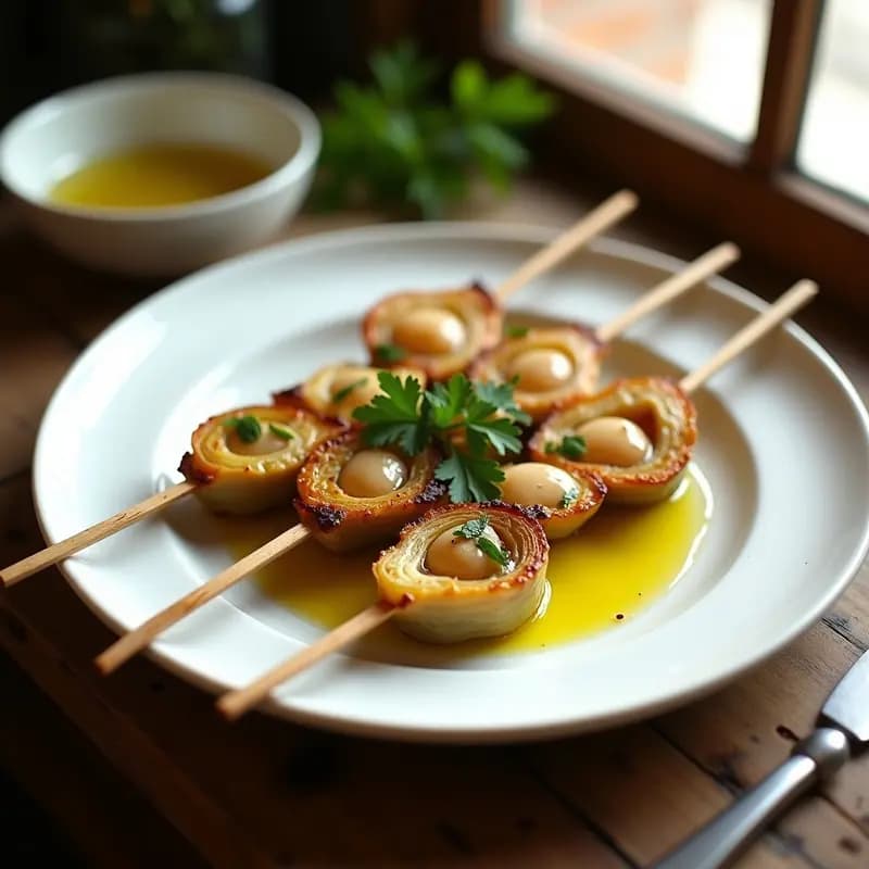 Brochetas doradas de corazón de alcachofa y anchoas en aceite de oliva servidas en plato blanco sobre fondo de madera, con perejil fresco espolvoreado y chorrito de aceite de oliva virgen extra.