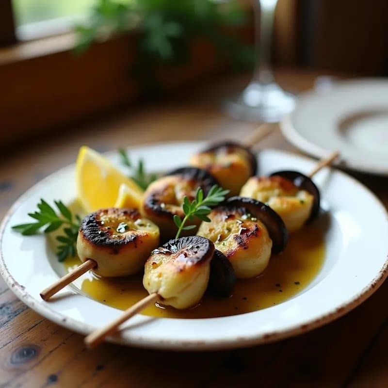 Brochetas de corazón de alcachofa y champiñones portobello dorados, servidas en plato blanco con vinagreta de trufa y hierbas frescas, receta griega en olla express.