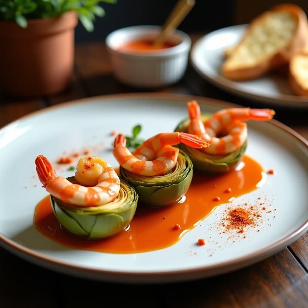 Brochetas gourmet de corazón de alcachofa y gambas doradas servidas en plato blanco con salsa romesco cremosa de color rojizo, decoradas con hojas de hinojo fresco y un hilo de aceite de oliva virgen extra.