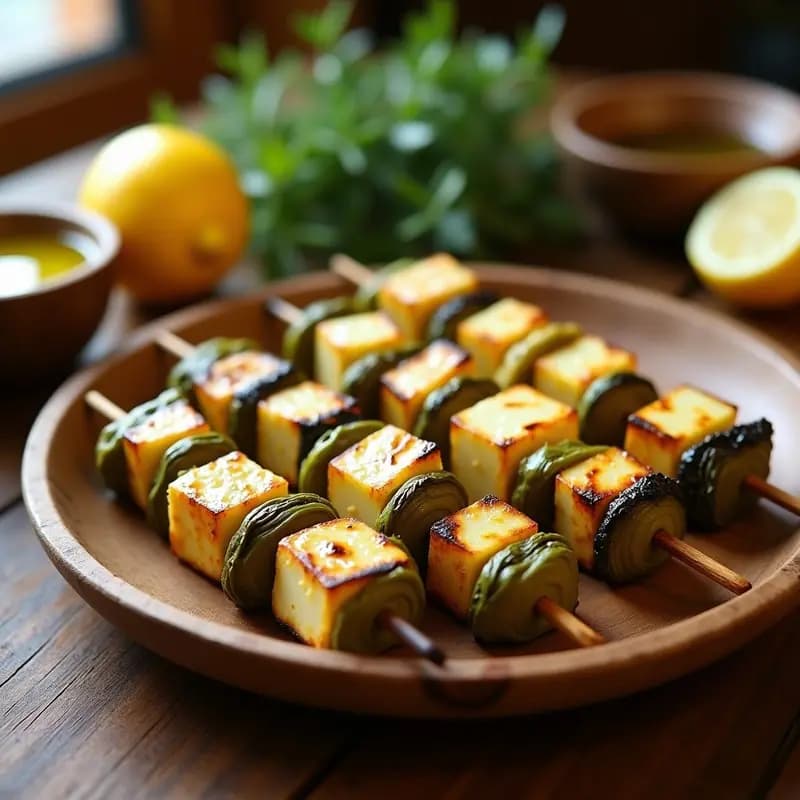 Brochetas de corazón de alcachofa y queso halloumi doradas a la parrilla, servidas en plato de madera con limón y hierbas frescas, receta mediterránea keto en 15 minutos.