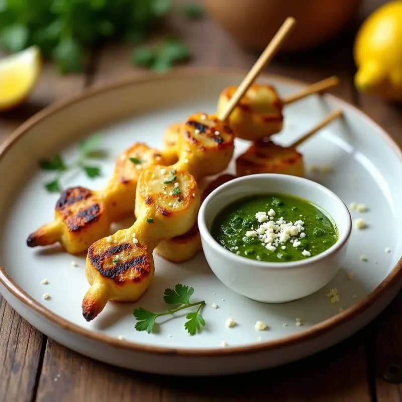 Brochetas doradas de corazón de alcachofa y queso halloumi crujiente servidas sobre un plato de cerámica blanca, acompañadas de un bol con pesto de ortigas verde intenso. Receta italiana sin gluten.