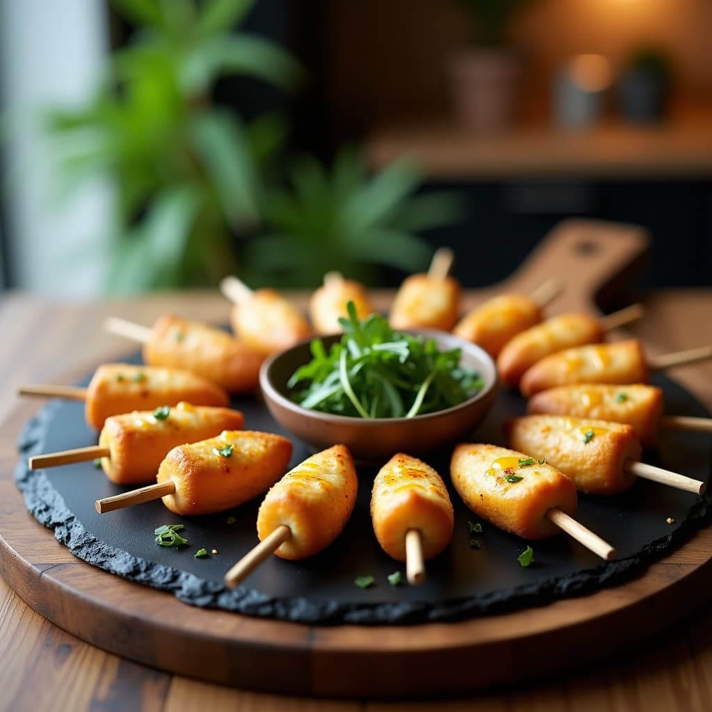 Brochetas doradas de corazón de alcachofa y cubos de mozzarella de anacardos en palillos de bambú, servidas sobre una tabla de madera con pesto de rúcula y piñones al lado, receta keto italiana en airfryer.