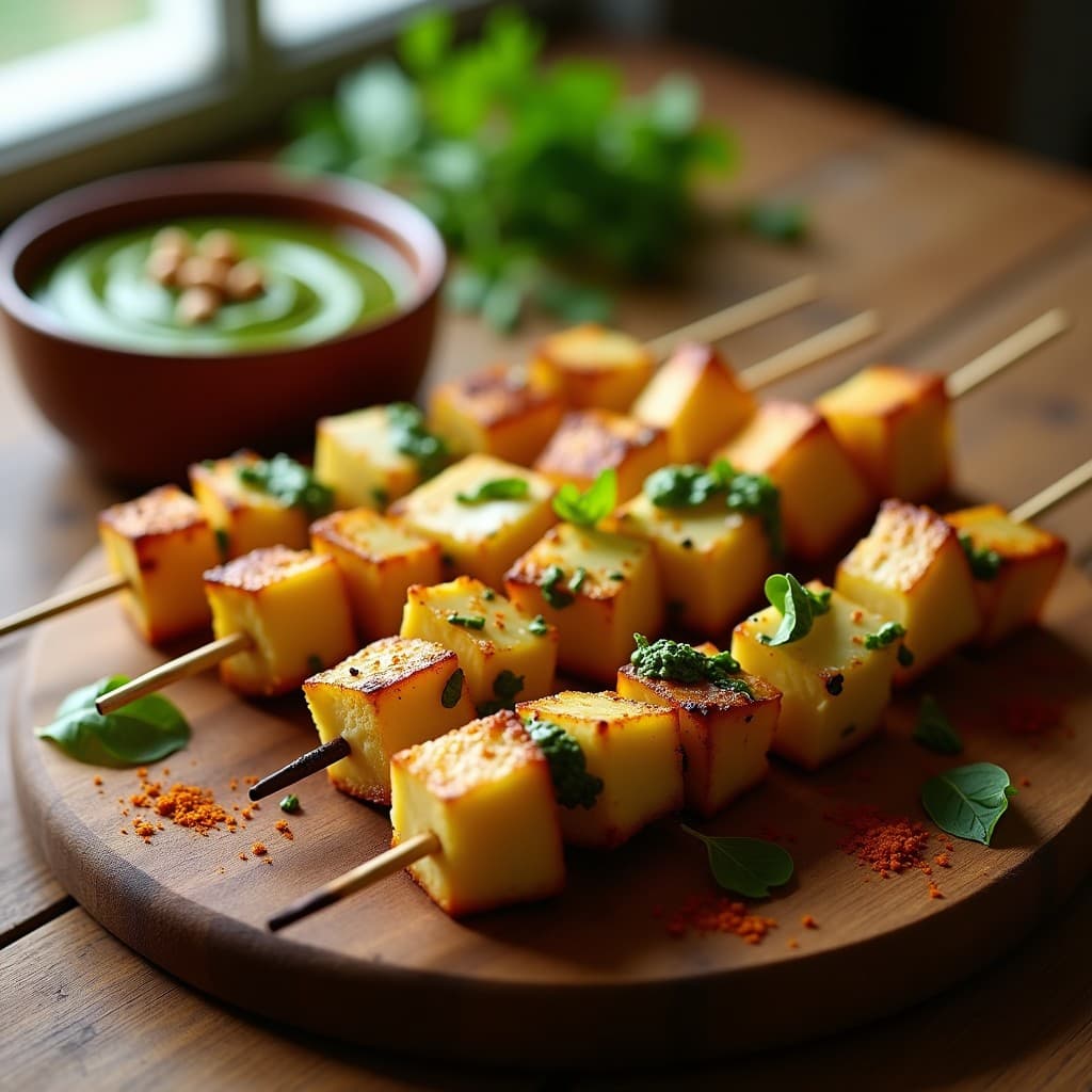 Brochetas doradas de corazón de alcachofa y queso buffala cremoso sobre fondo rústico, acompañadas de pesto de rúcula verde intenso. Receta italiana en airfryer con toque gourmet.