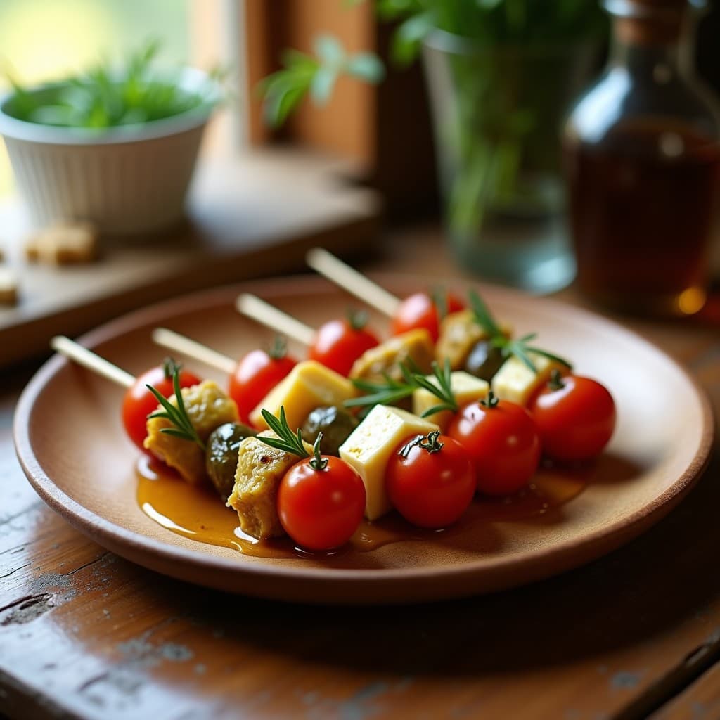 Brochetas gourmet españolas con corazones de alcachofa, queso manchego curado en cubos y tomates cherry, aliñadas con miel y romero, servidas en bandeja de madera rústica.