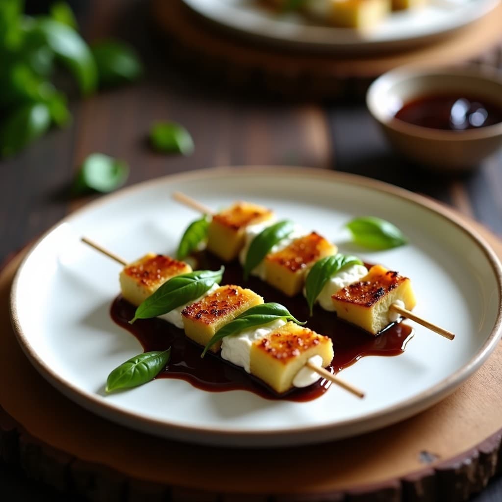 Brochetas gourmet de corazón de alcachofa dorado y stracciatella de búfala cremosa, decoradas con hojas de albahaca fresca y bañadas en reducción brillante de vinagre balsámico, servidas en plato blanco rústico sobre fondo de madera oscura.