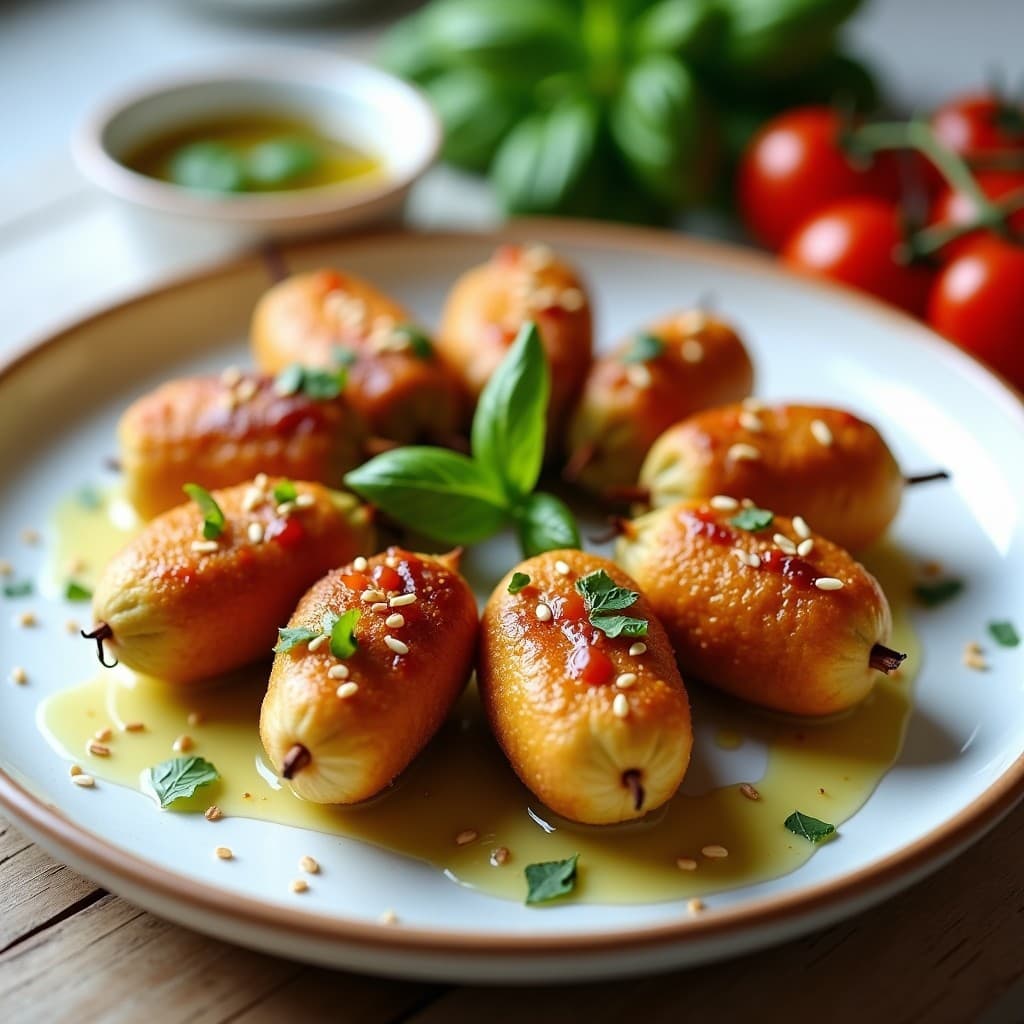 Brochetas doradas de corazón de alcachofa y tomate cherry asadas en airfryer, servidas en plato blanco con vinagreta de albahaca verde brillante y semillas de sésamo espolvoreadas. Receta mediterránea crujiente y saludable.