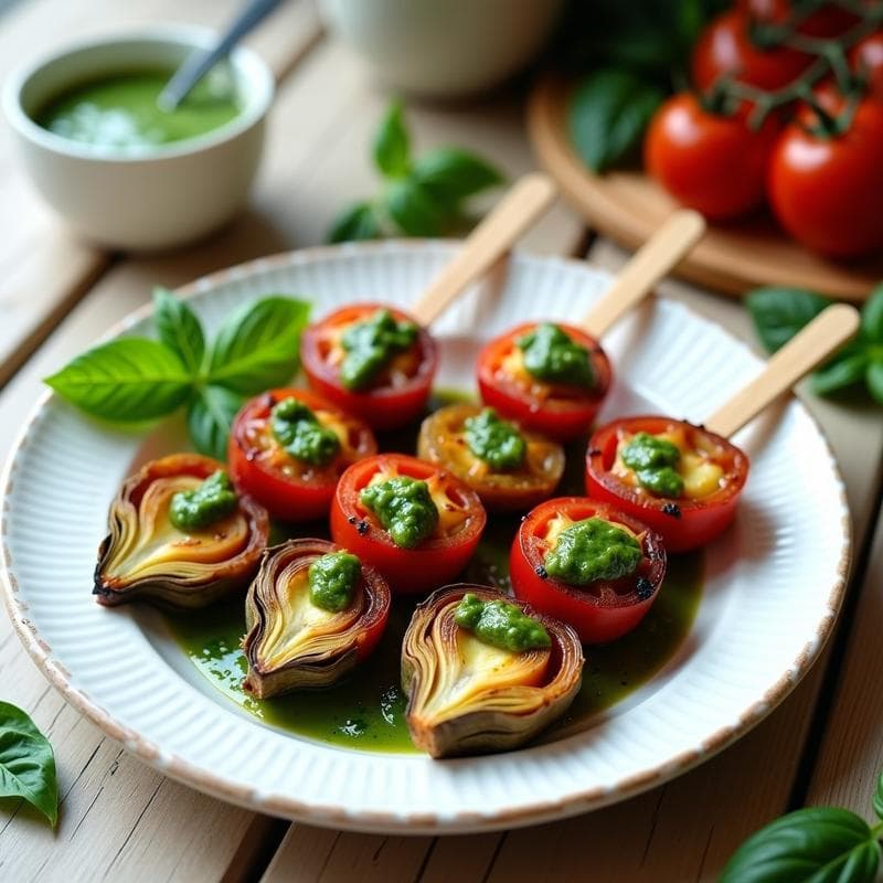 Brochetas doradas de corazones de alcachofa y tomates secos en palillos de madera, servidas en fuente blanca con pesto de albahaca verde intenso y hojas frescas de albahaca como decoración. Receta vegana en airfryer.
