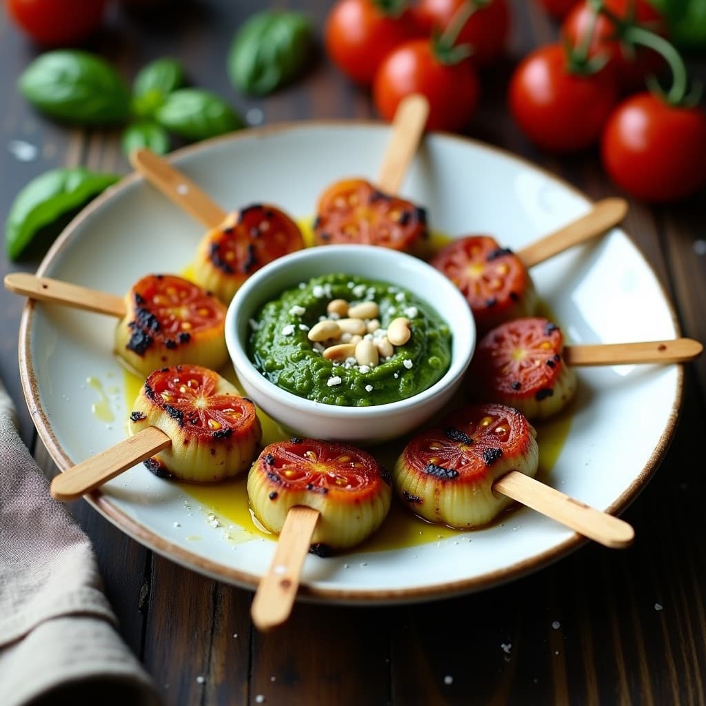 Brochetas de corazón de alcachofa dorado y tomates secos en palillos de madera, servidas sobre un plato de cerámica blanca con pesto de rúcula cremoso y piñones tostados. Aperitivo italiano sin gluten con toque gourmet.