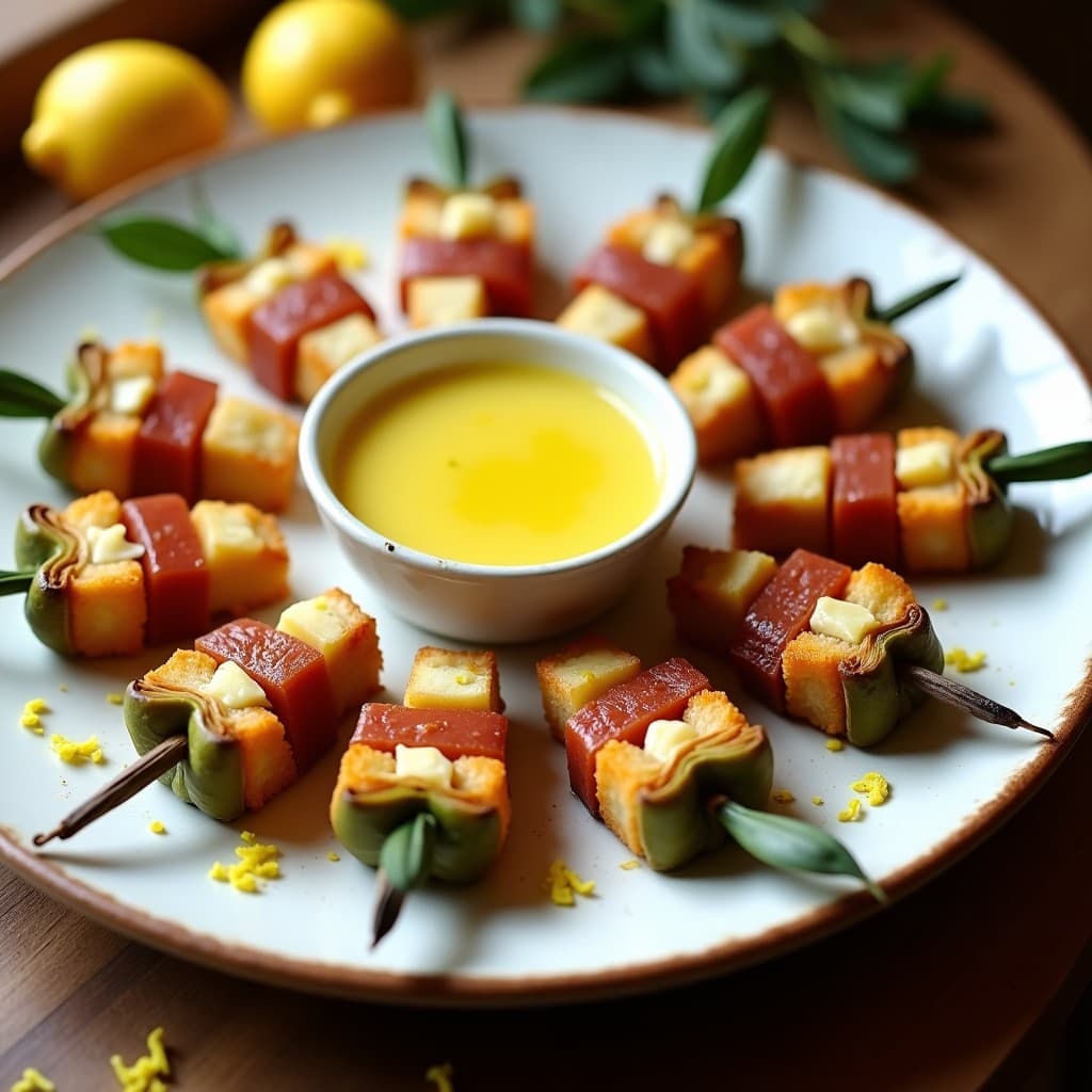Brochetas doradas de corazón de alcachofa y ventresca de atún en palillos de madera, dispuestas en círculo sobre plato blanco rústico, acompañadas de cuenco de alioli de azafrán amarillo intenso. Fondo desenfocado con hojas de laurel y virutas de limón.