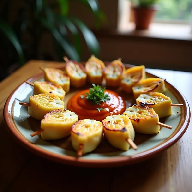 Brochetas de corazón de alcachofa y ventresca de atún doradas en grill, servidas en plato de barro con salsa romesco espesa y perejil fresco. Receta española tradicional.