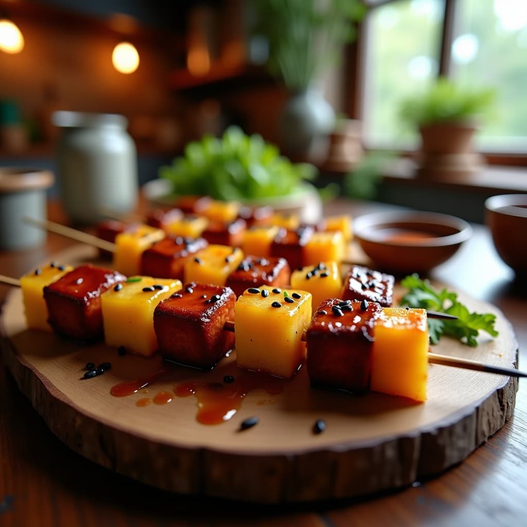Brochetas doradas de chorizo de tempeh especiado y trozos de ananás caramelizado, glaseadas con salsa teriyaki brillante, espolvoreadas con semillas de sésamo negro, sobre una bandeja de madera rústica con fondo borroso de cocina.