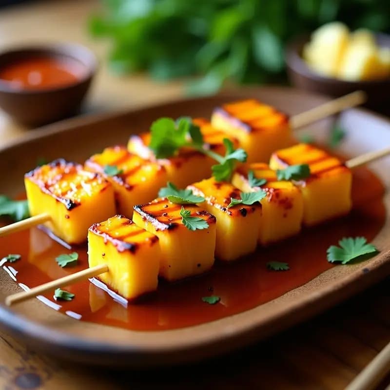 Brochetas doradas de ananás y queso vegano en grill, acompañadas de salsa de tamarindo brillante y perejil fresco, aperitivo tailandés saludable.