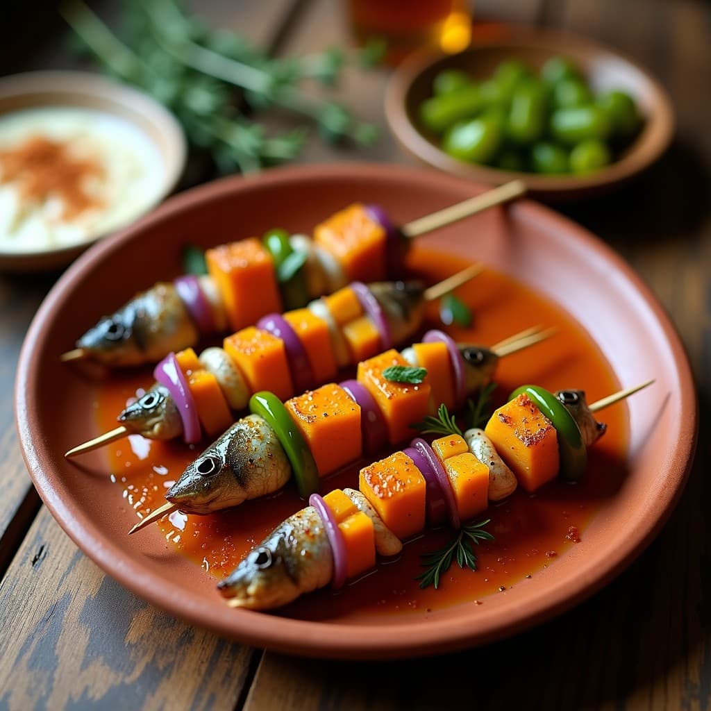 Brochetas de anchas en escabeche andaluz servidas en fuente de barro rústica, con trozos de cebolla morada y pimiento verde bañados en líquido dorado de escabeche tradicional. Toque ácido visible en el brillo del marinado.