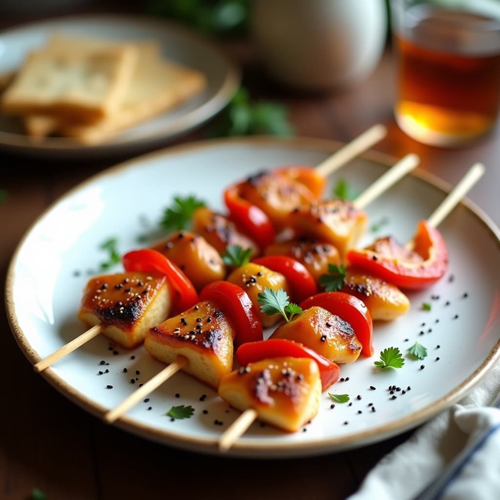 Brochetas griegas de ánchoas y pimiento asado con pan de pita tostado, servidas en plato rústico con semillas de sésamo y perejil fresco, receta rápida en airfryer.