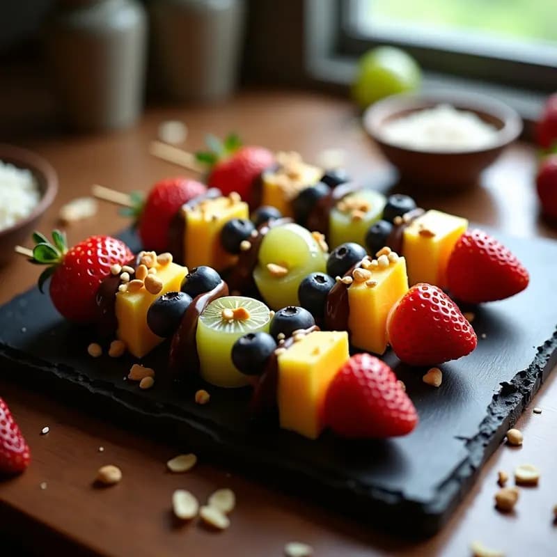Brochetas arcoíris de frutas frescas (fresa, kiwi, piña, mango, arándanos y uvas) bañadas en chocolate negro brillante con toppings crujientes de cacahuetes, coco rallado y sésamo, servidas en bandeja de madera sobre fondo oscuro. Postre instagramable y colorido.