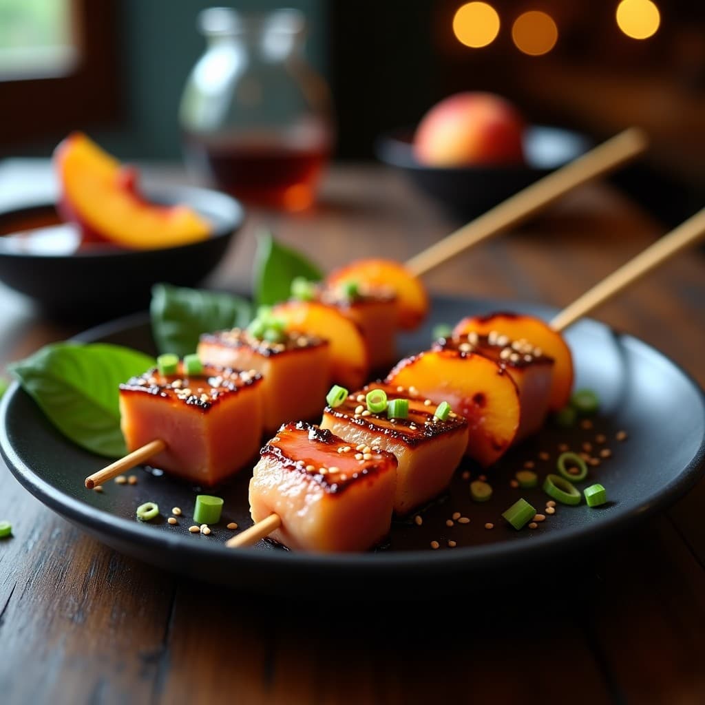 Brochetas de atún y melocotón doradas a la plancha, brillantes por el glaseado de salsa ponzu, espolvoreadas con semillas de sésamo y cebollino, servidas sobre un plato negro con fondo de madera oscura, receta japonesa gourmet.